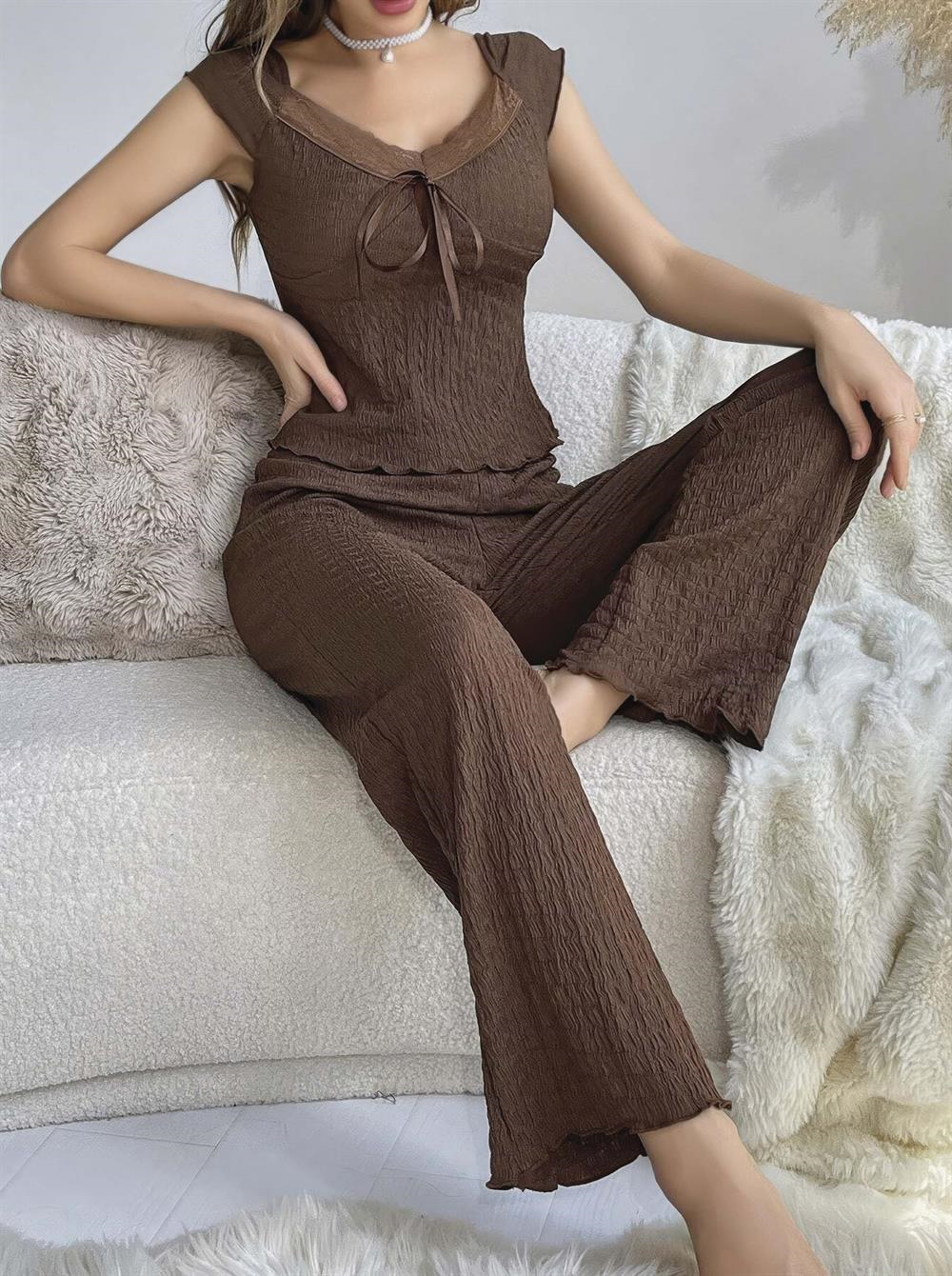 Kadın Kahverengi Kurdela Detaylı Yumuşak Pamuklu Uzun Pijama Takımı 5135