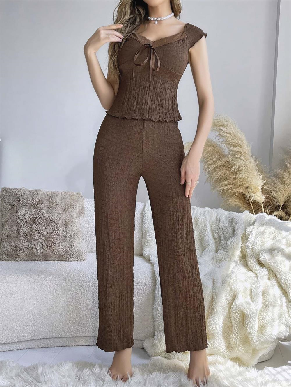 Kadın Kahverengi Kurdela Detaylı Yumuşak Pamuklu Uzun Pijama Takımı 5135