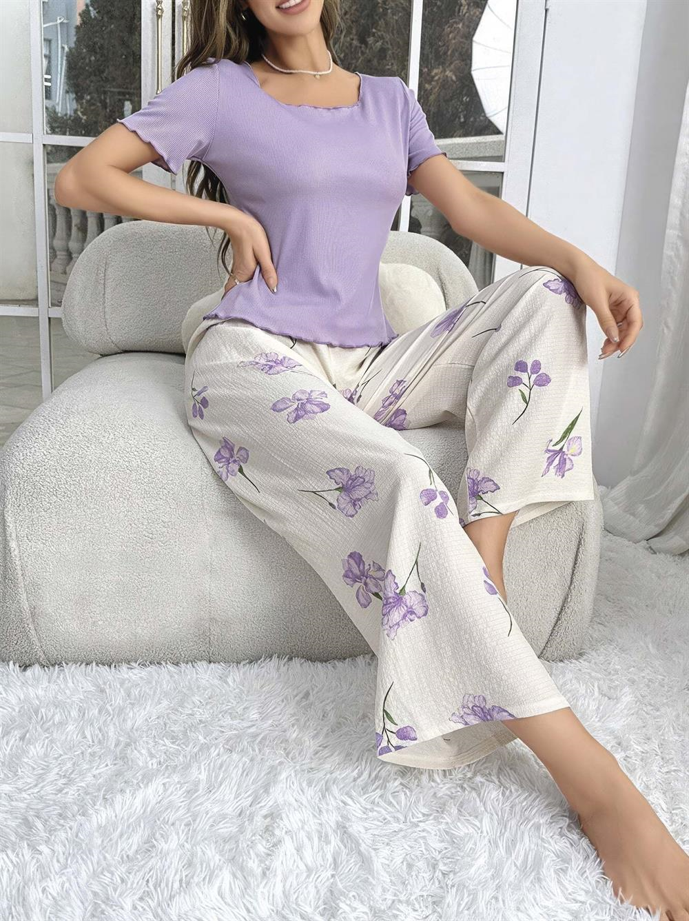 Kadın Mor Çiçek Desenli Yumuşak Pamuklu Uzun Pijama Takımı 5133
