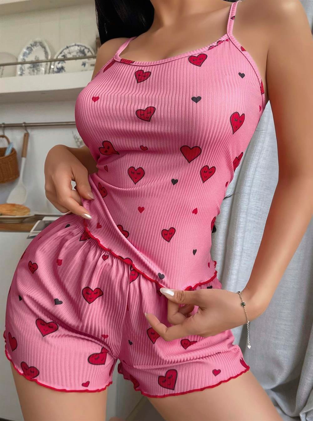 Kadın Pembe Kalp Desenli Seksi Şortlu Takım 5103