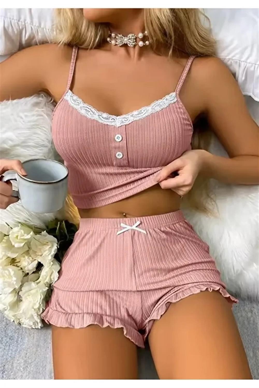 Kadın Pudra Dantel Detaylı Şortlu Gecelik Pijama Takımı 5015