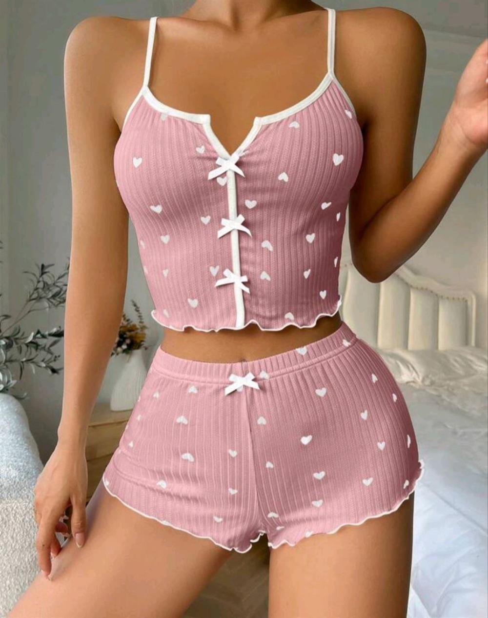 Kadın Pudra Kalpli Seksi Gecelik Takım 6643