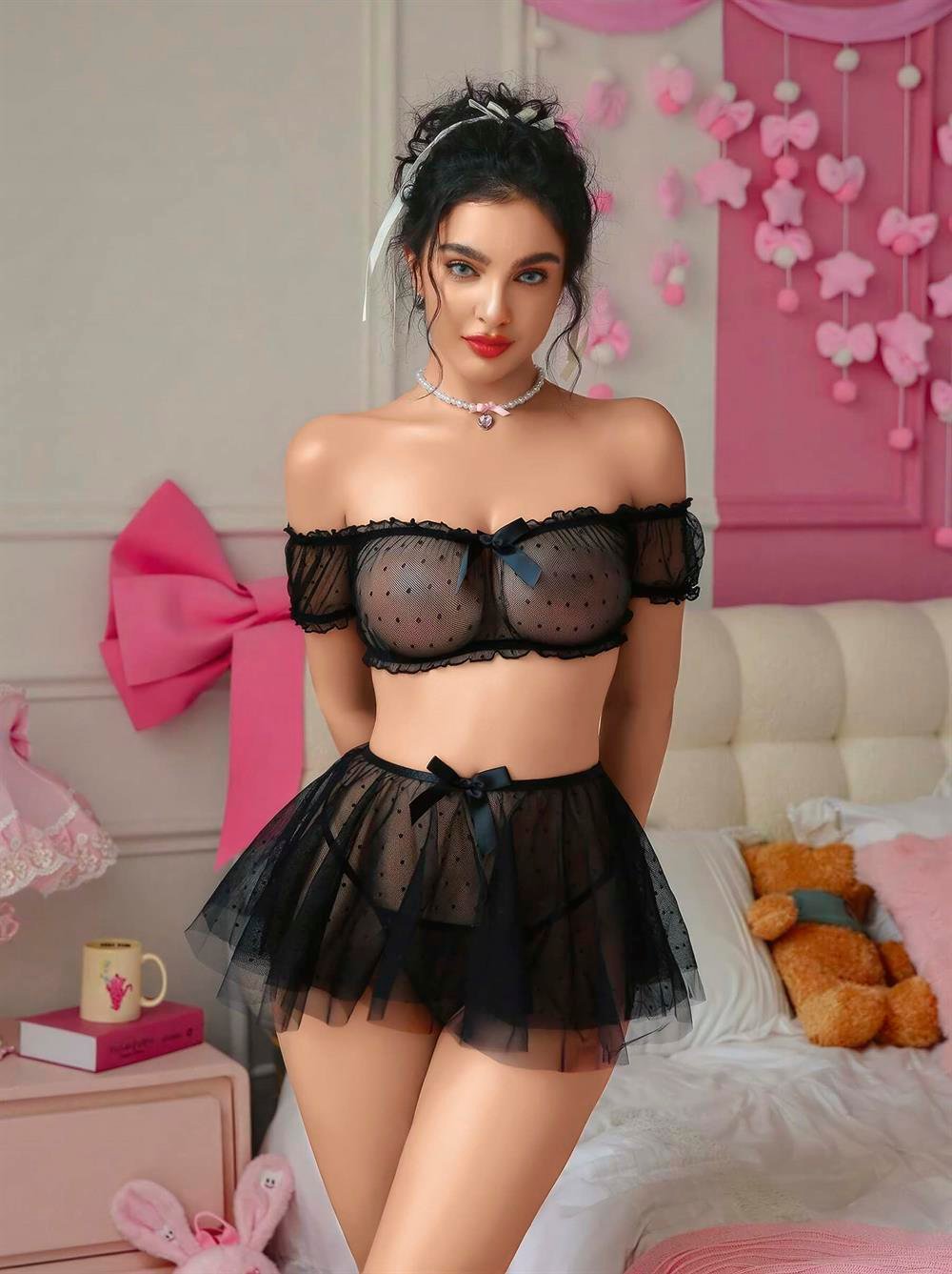 Kadın Siyah Etekli Puantiye Detaylı Sexy Kostüm 8012