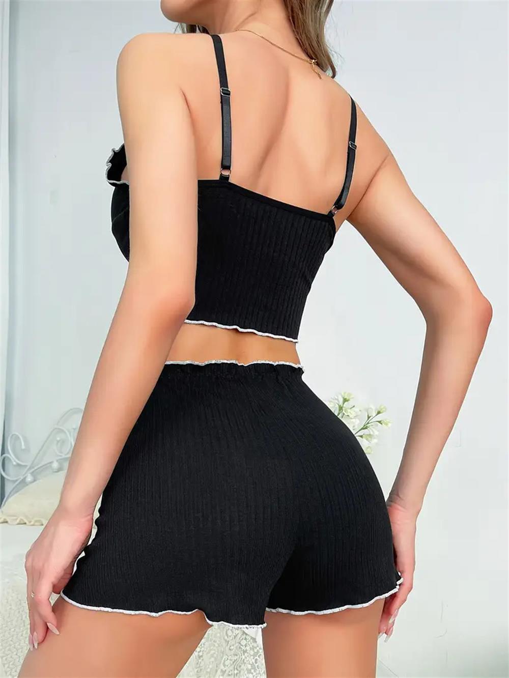 Kadın Siyah Fitilli Askılı Şortlu Pijama Takım 6659