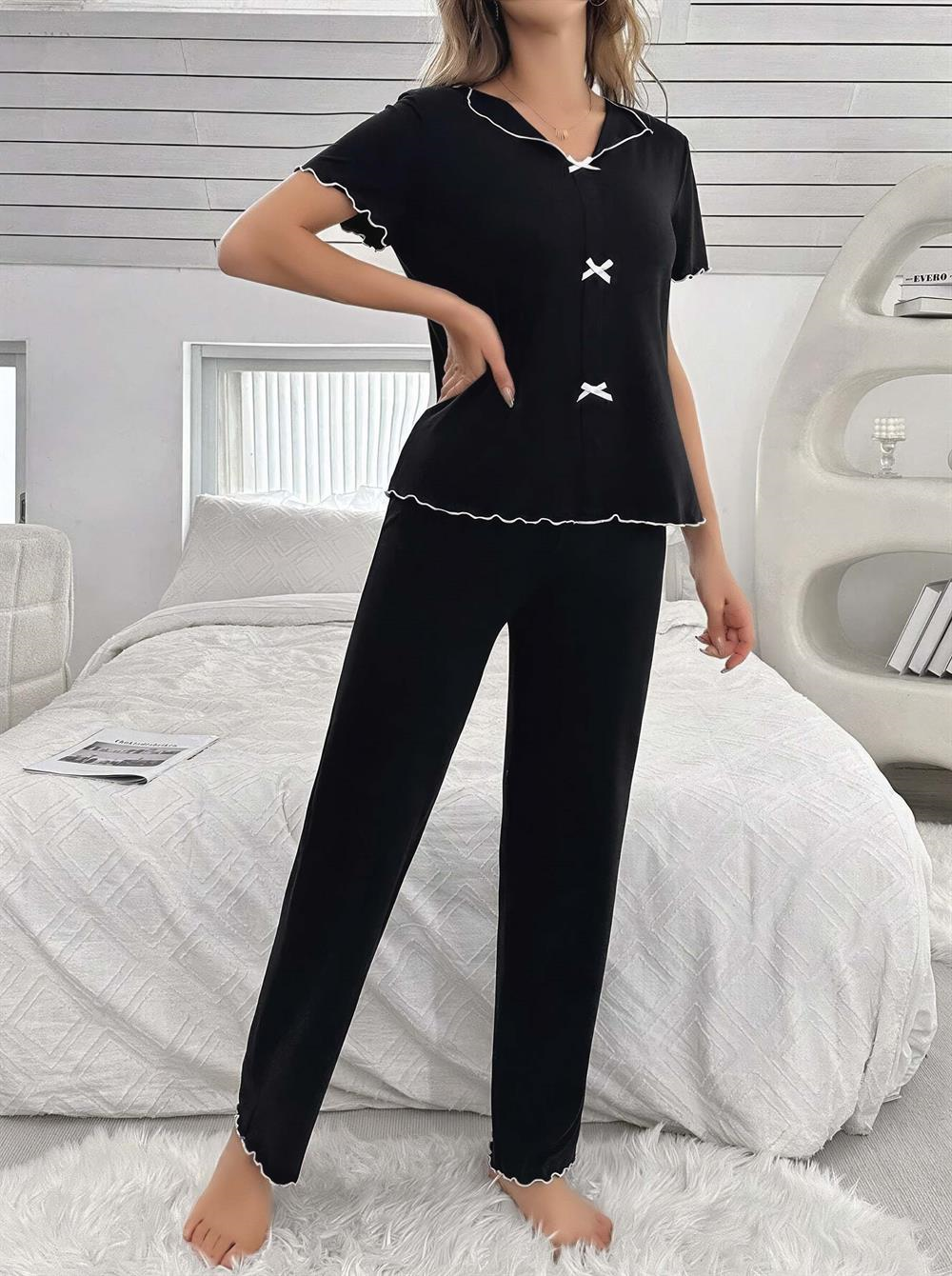 Kadın Siyah Fiyonk Detaylı Yumuşak Pamuklu Uzun Pijama Takımı 5130