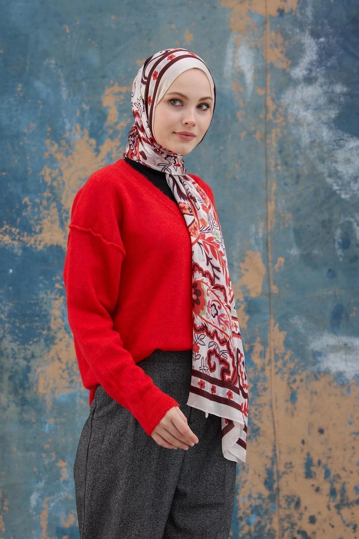 Kırmızı Beyaz Hint Vual Şal - 5004-15