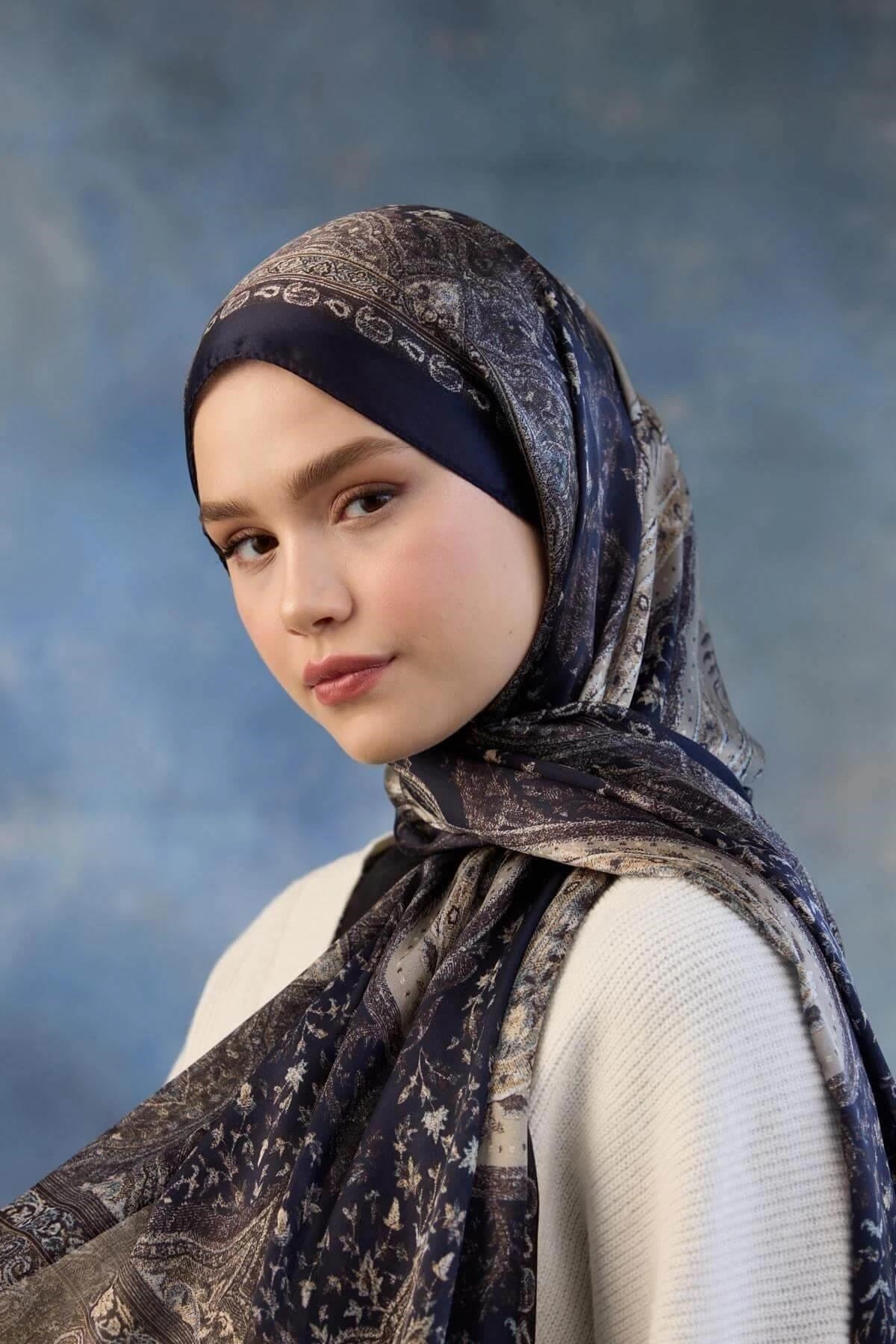 Lacivert Beyaz Hint Vual Şal - 5002-12