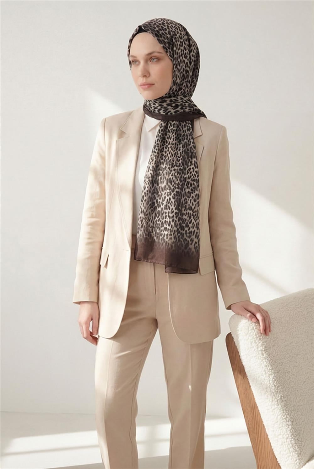 Leopar Desen Pamuklu Çikolata Kahve 90x200 Soft Şal