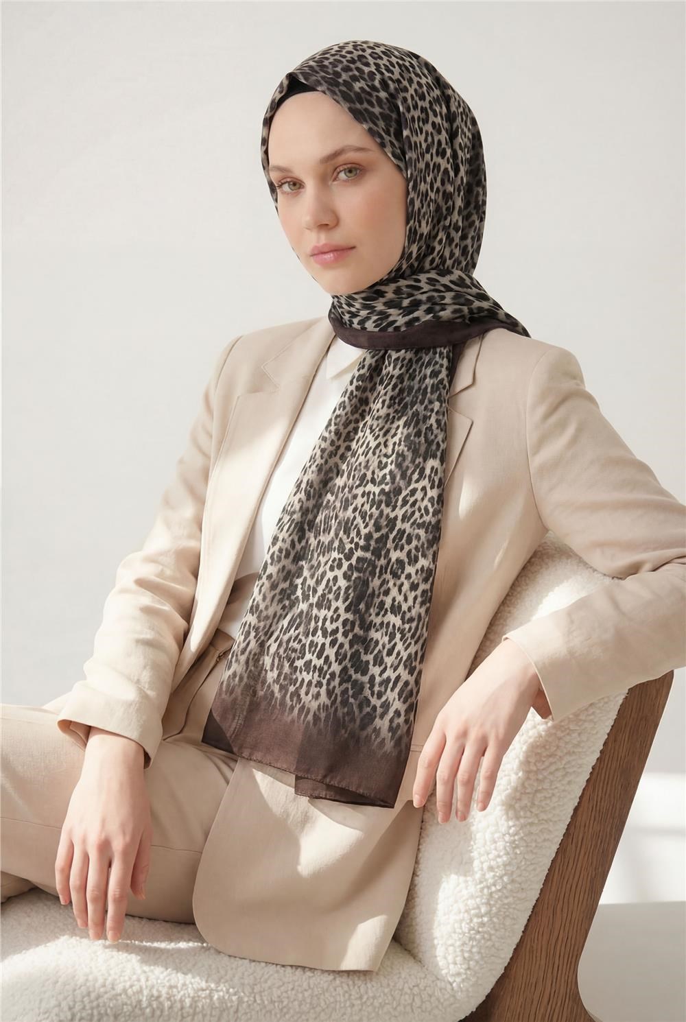 Leopar Desen Pamuklu Çikolata Kahve 90x200 Soft Şal