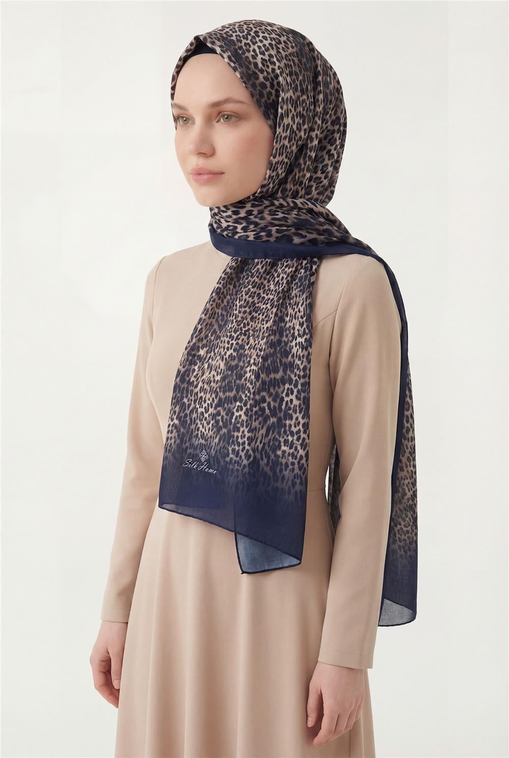 Leopar Desen Pamuklu Gece Mavisi 90x200 Soft Şal