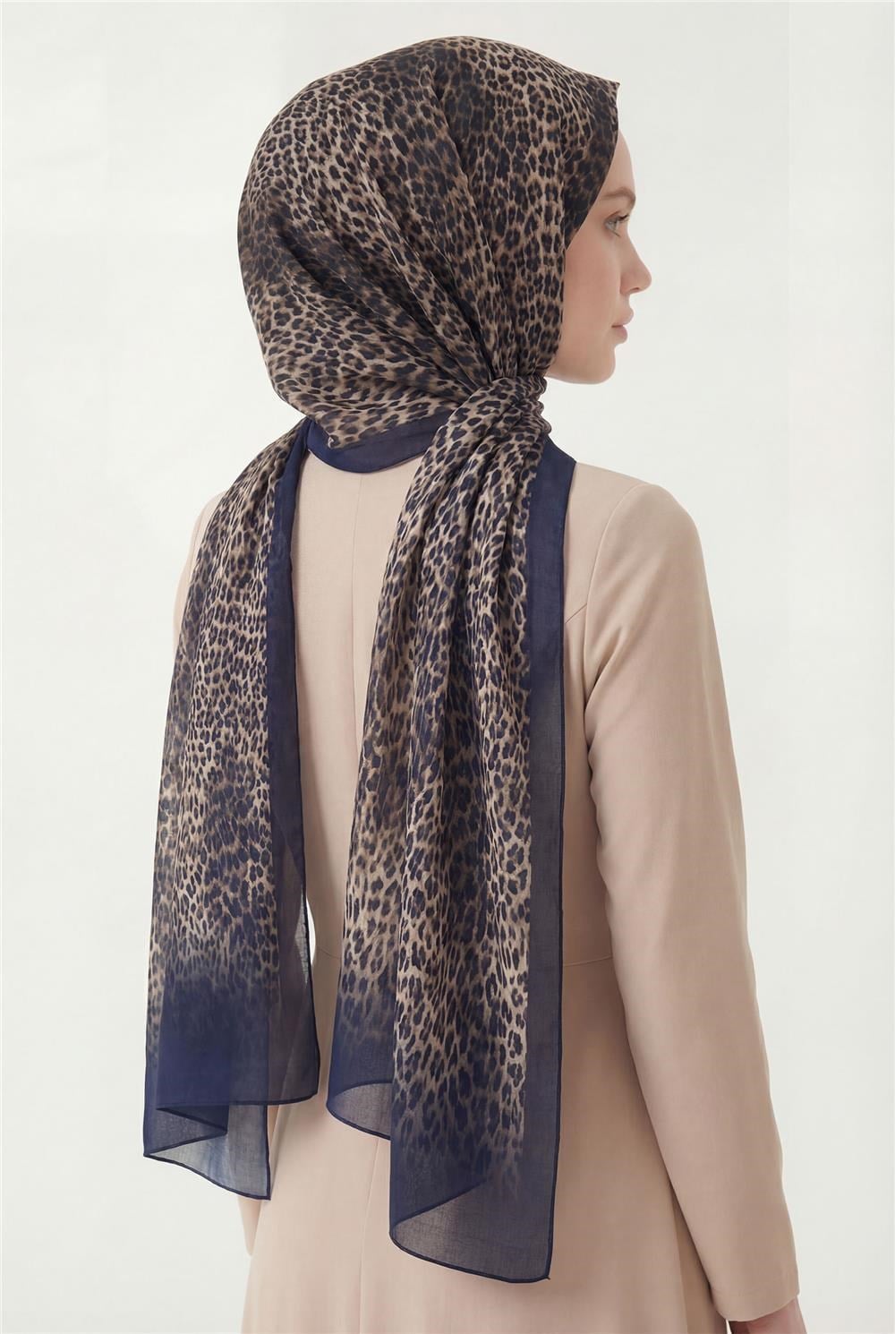 Leopar Desen Pamuklu Gece Mavisi 90x200 Soft Şal
