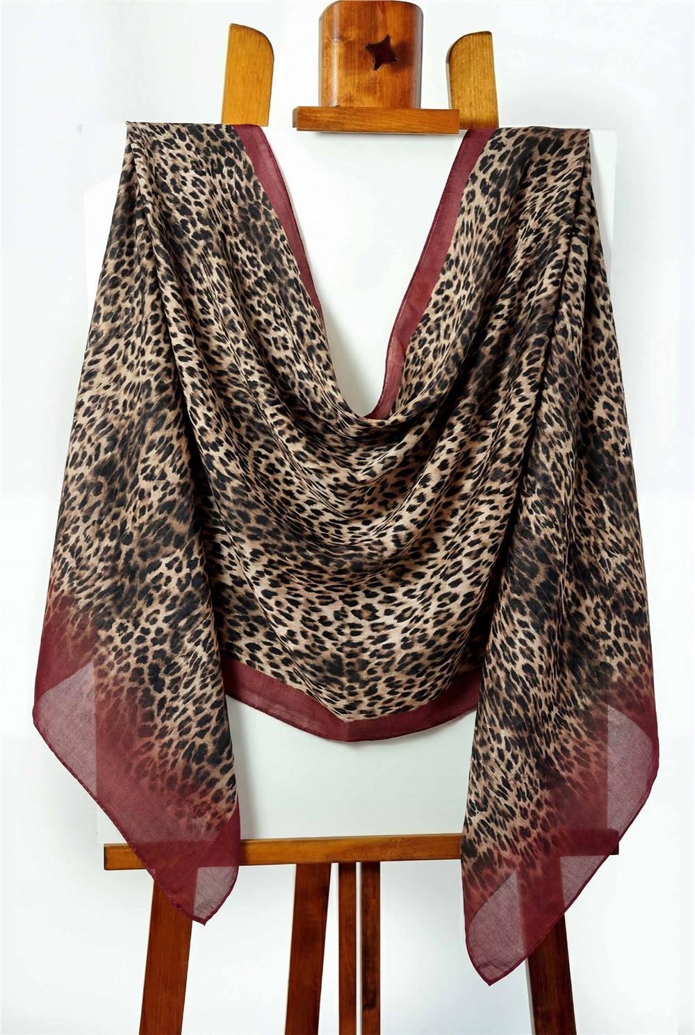 Leopar Desen Pamuklu Koyu Kırmızı 90x200 Soft Şal