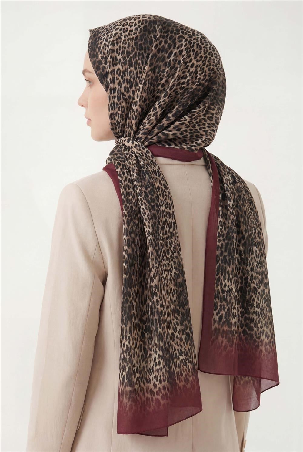 Leopar Desen Pamuklu Koyu Kırmızı 90x200 Soft Şal
