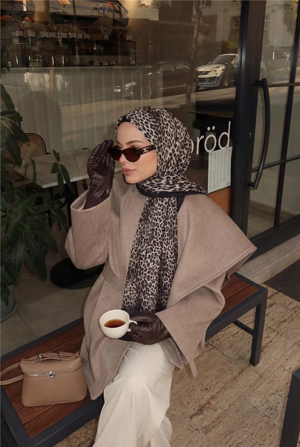 Leopar Desen Pamuklu Krem 90x200 Soft Şal