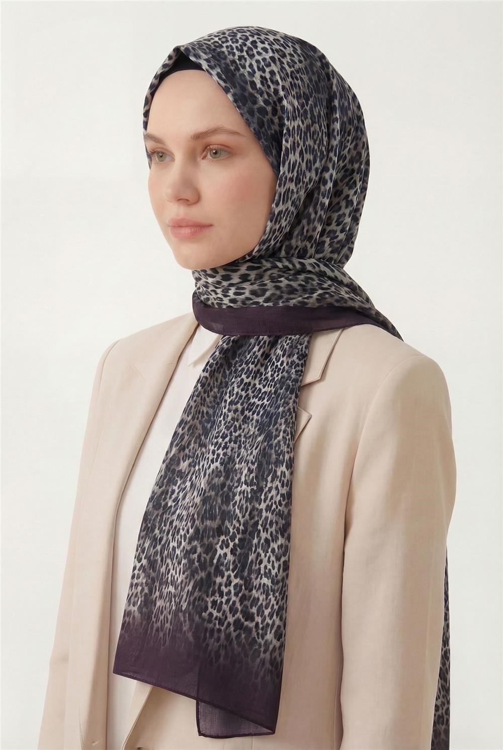 Leopar Desen Pamuklu Patlıcan Moru 90x200 Soft Şal