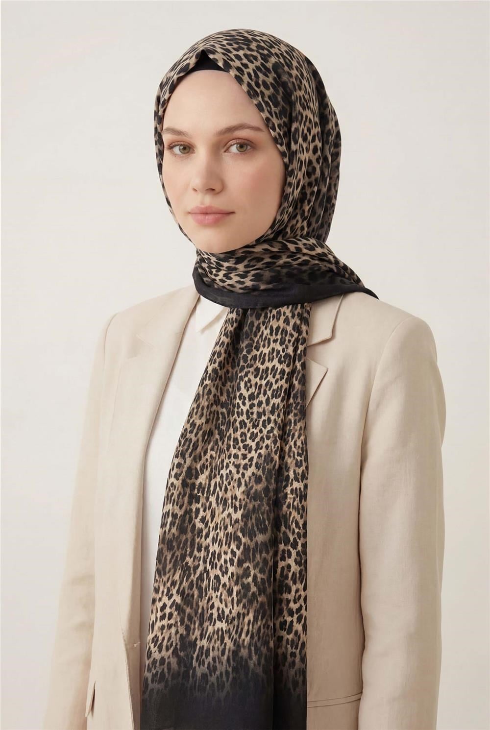 Leopar Desen Pamuklu Sütlü Kahve 90x200 Soft Şal