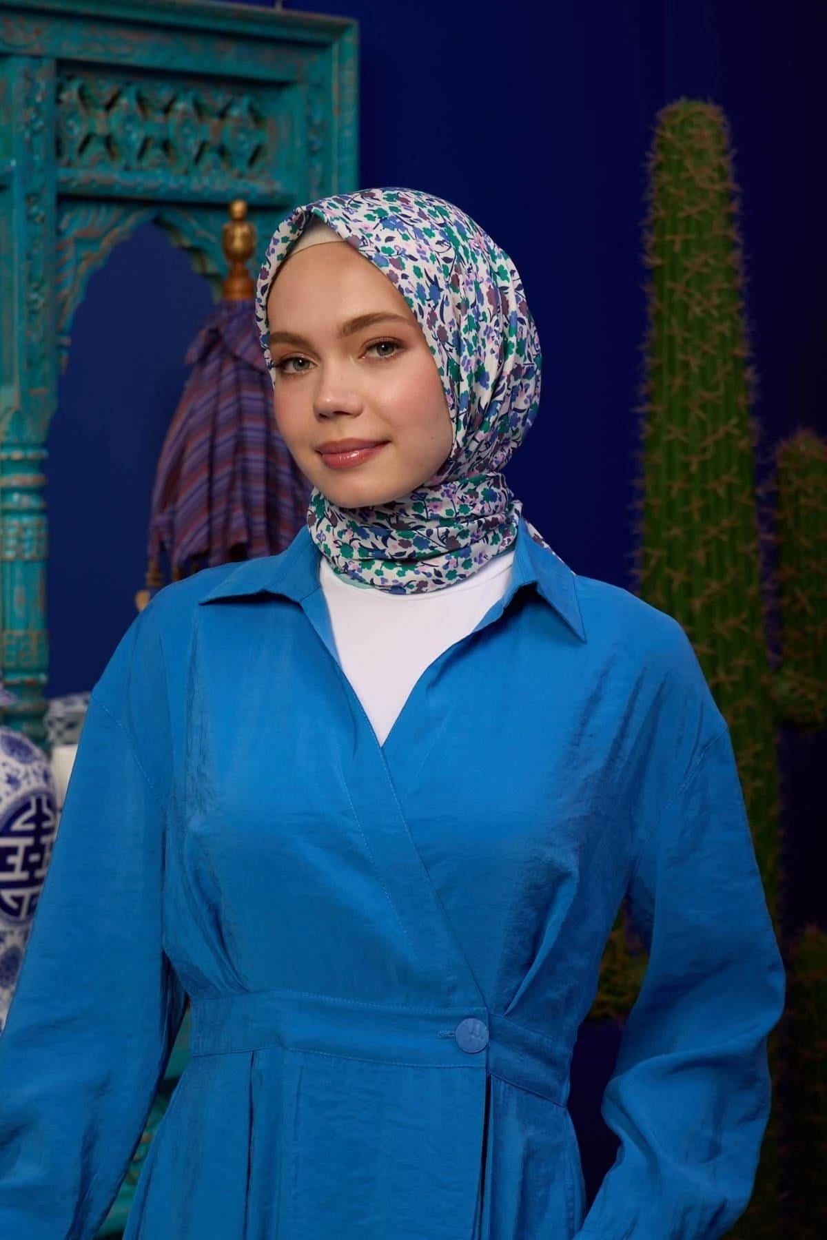 Marrakech Koleksiyon Soft Eşarp Yosun Yeşili Pembe 1193-06