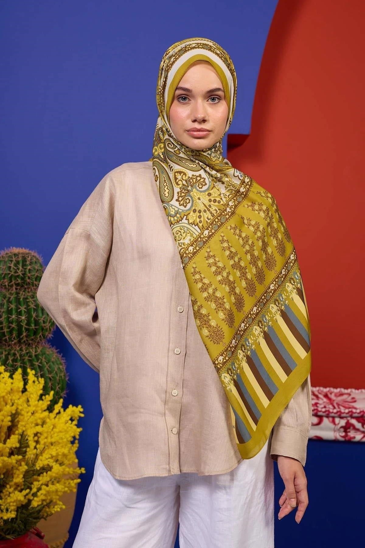 Marrakech Koleksiyon Soft Şal Yağ Yeşili Hardal 3049-11