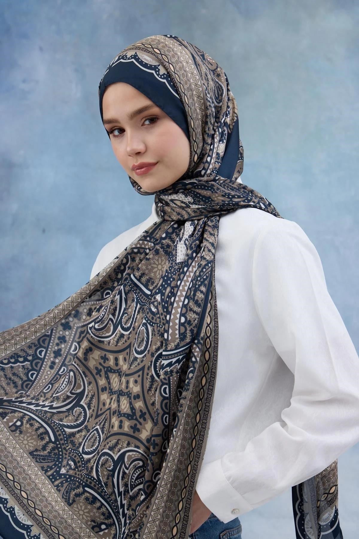 Mavi Kahve Hint Vual Şal - 5005-14