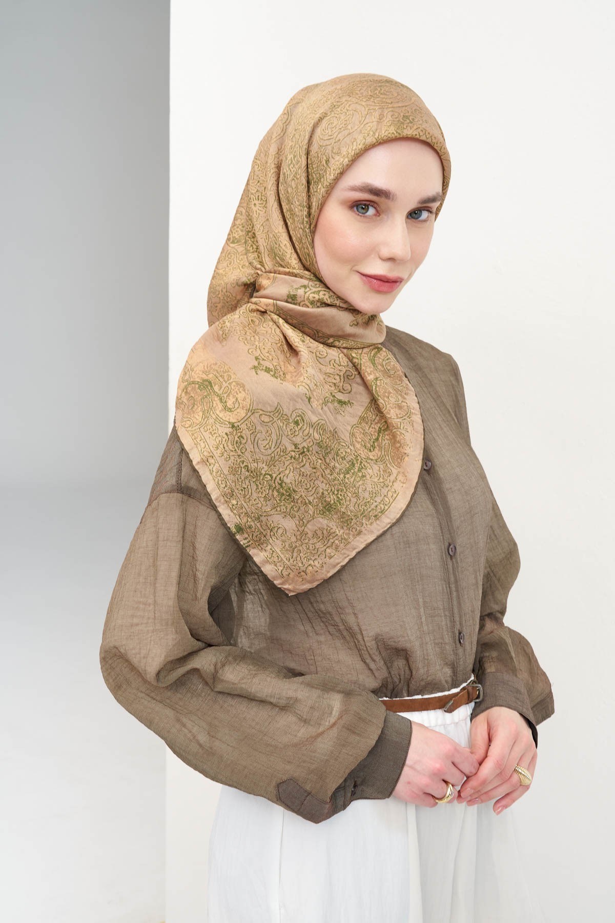Monare Eşarp Etnik Motif Bej 90x90
