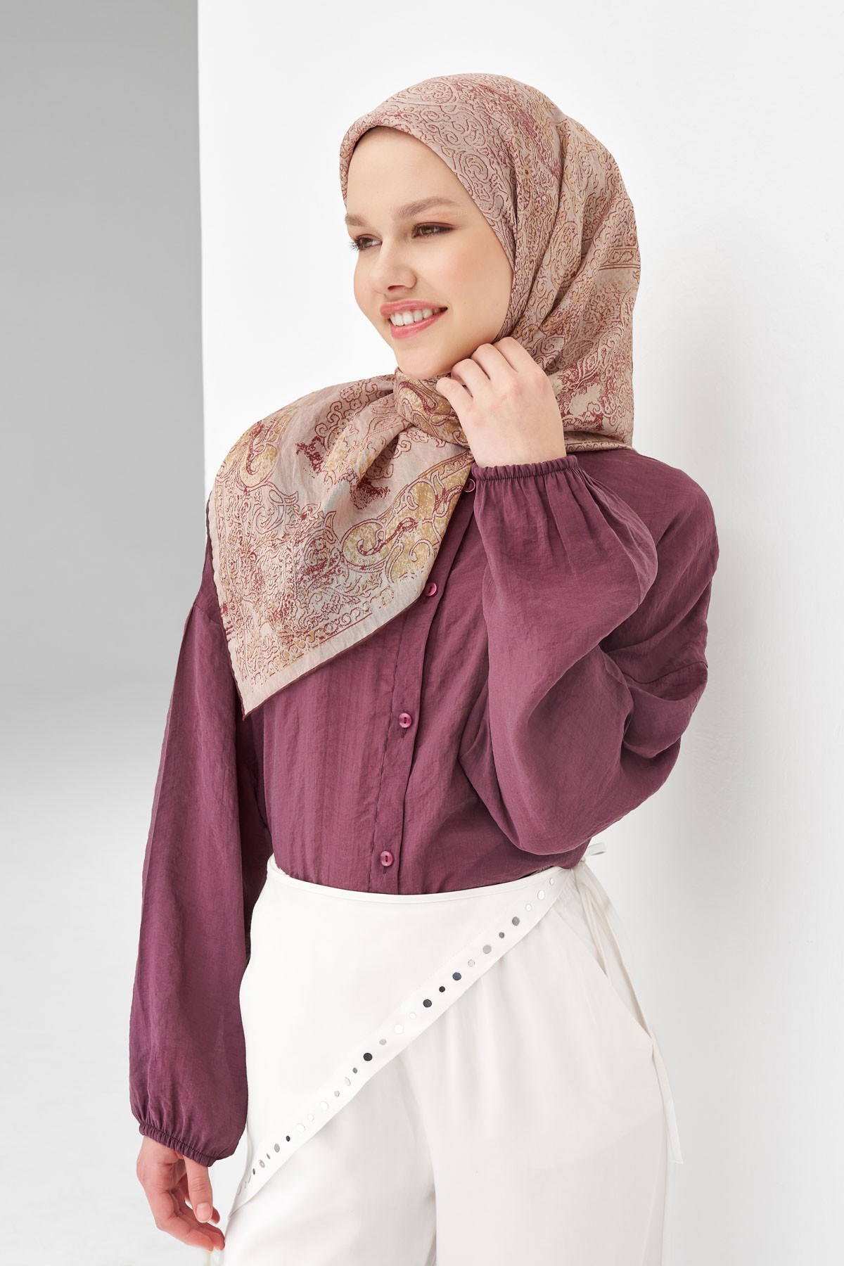 Monare Eşarp Etnik Motif Gül Kurusu 90x90
