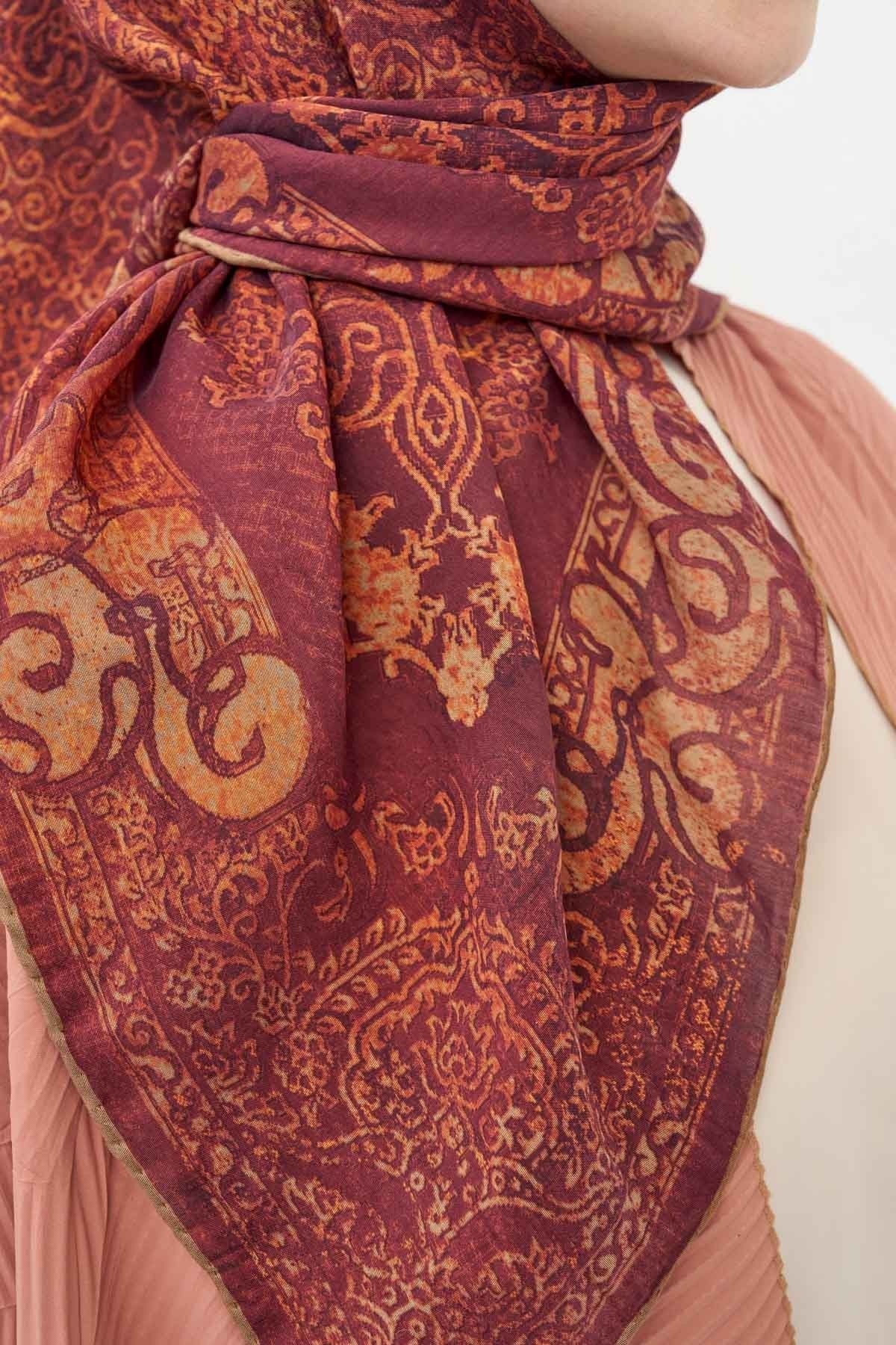 Monare Eşarp Etnik Motif Mürdüm 90x90