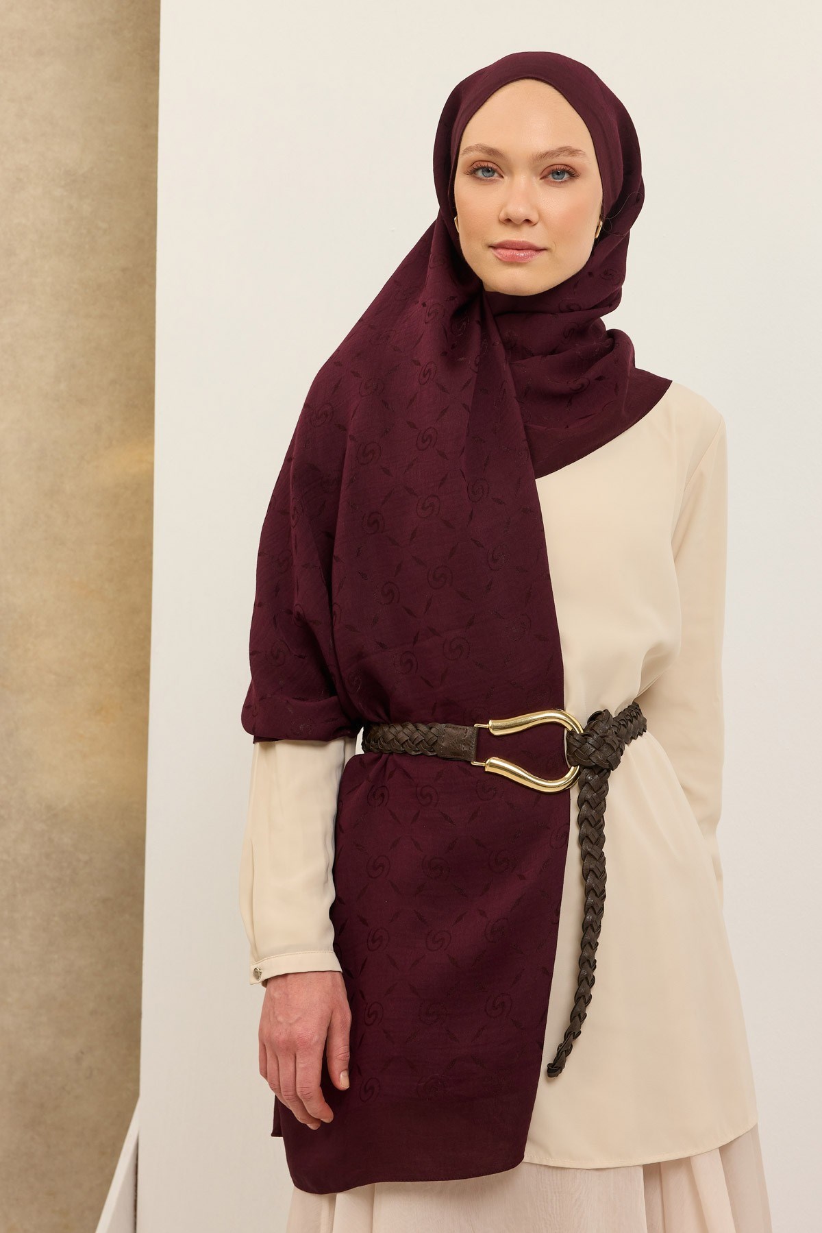 Naia Pamuk Şal Maxi Monogram Mürdüm