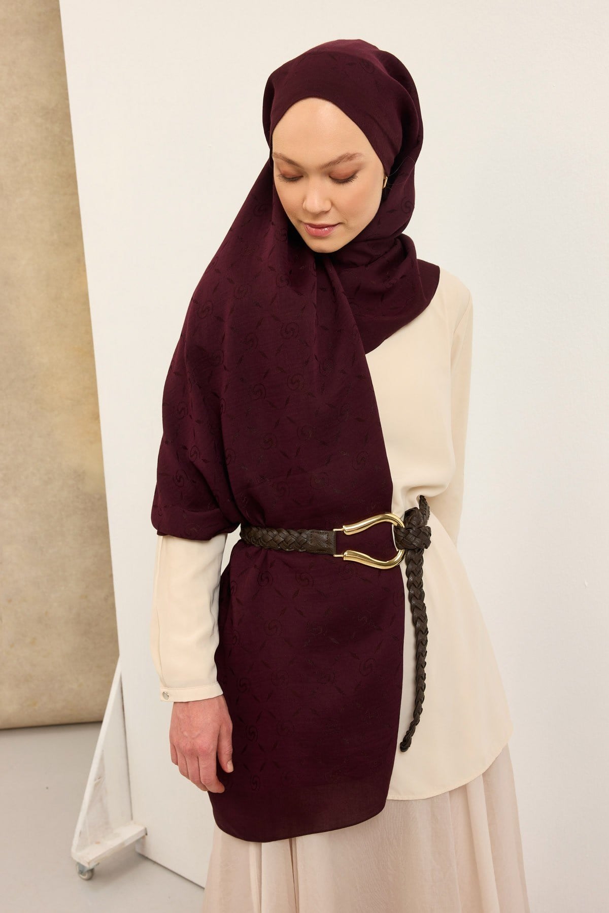 Naia Pamuk Şal Maxi Monogram Mürdüm