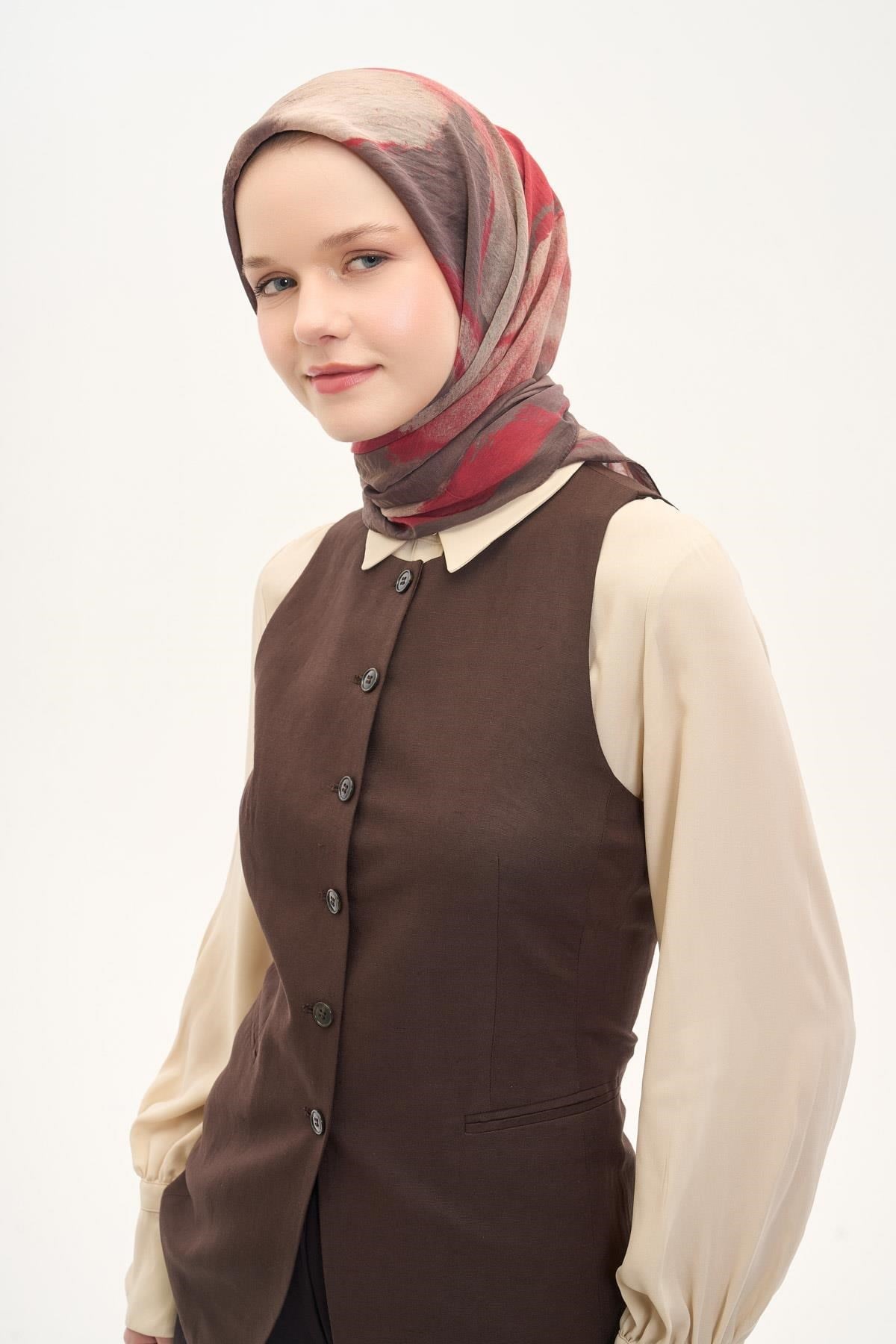 Olinda İpek Karışımlı Eşarp Soyut Desen Çilek Kırmızısı 90x90