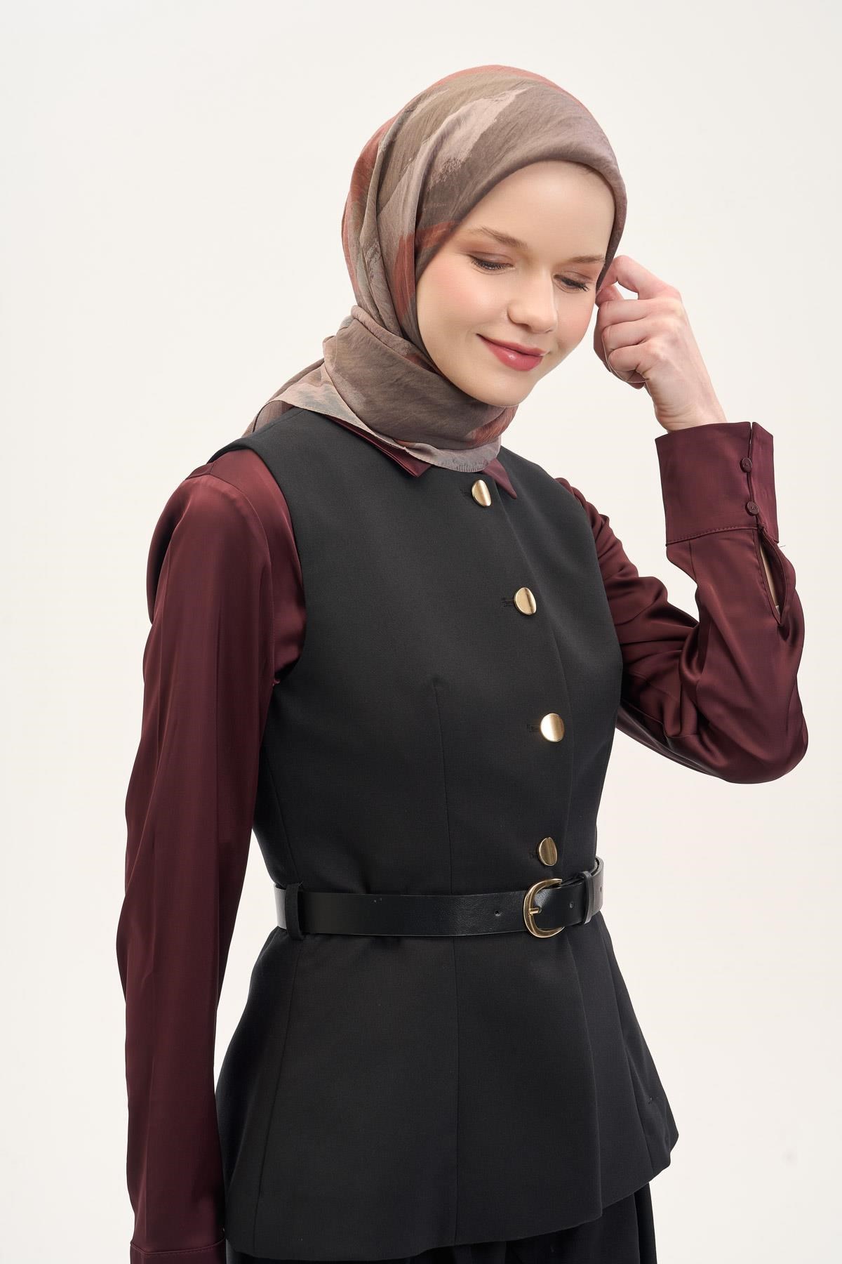 Olinda İpek Karışımlı Eşarp Soyut Desen Koyu Vizon 90x90