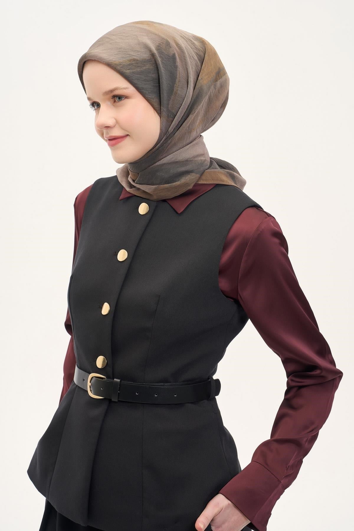 Olinda İpek Karışımlı Eşarp Soyut Desen Açık Kahverengi 90x90