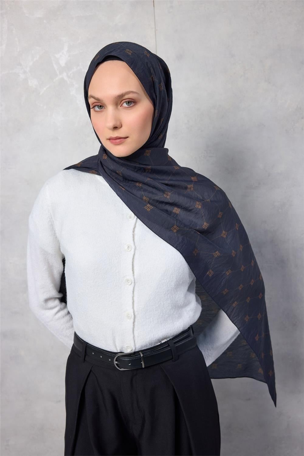 Olinda Şal Monogram Desen Gece Laciverti 75x195