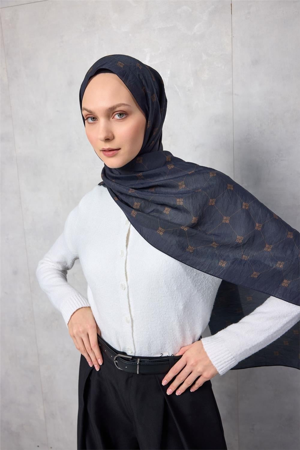 Olinda Şal Monogram Desen Gece Laciverti 75x195