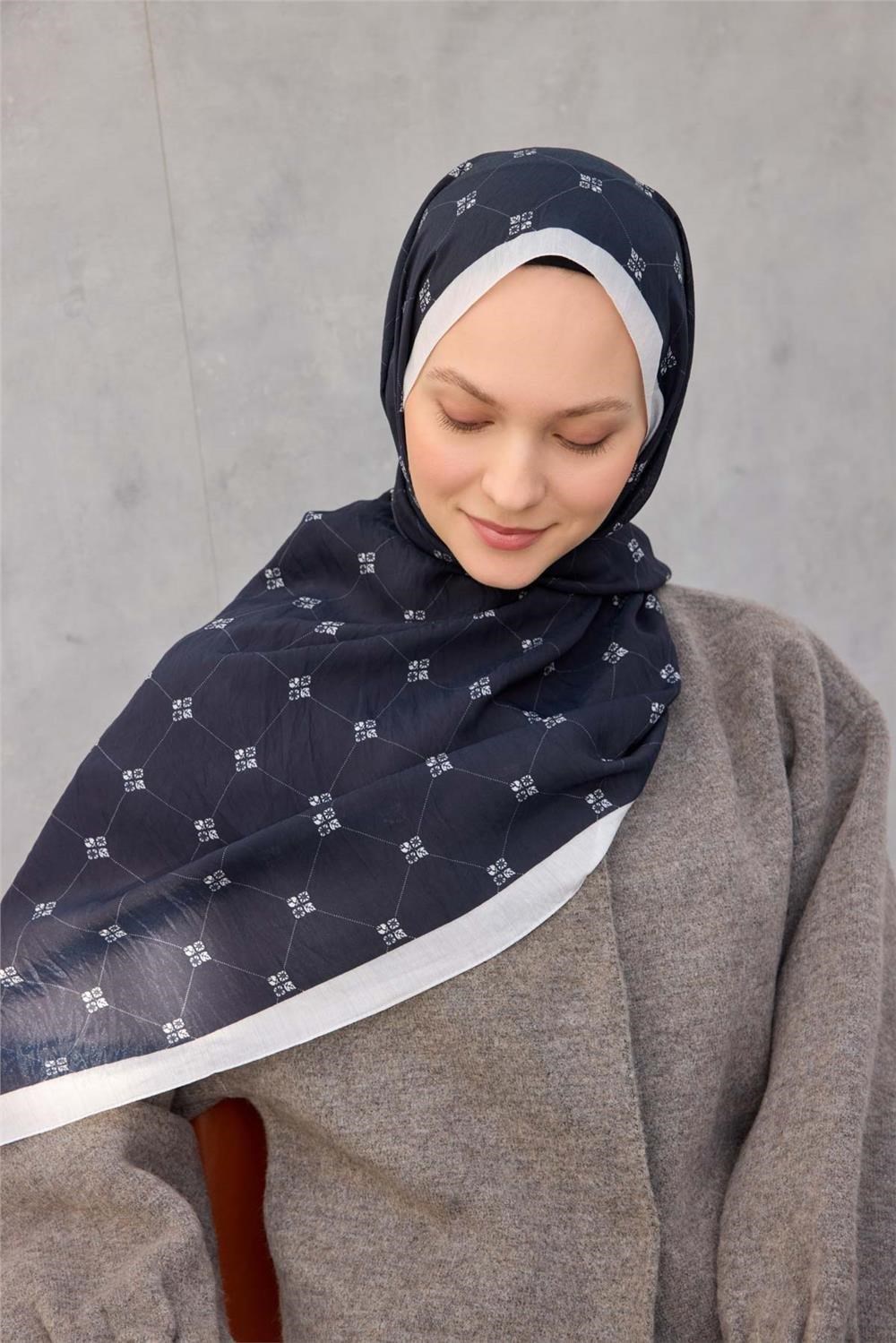 Olinda Şal Monogram Desen Gece Mavisi 75x195