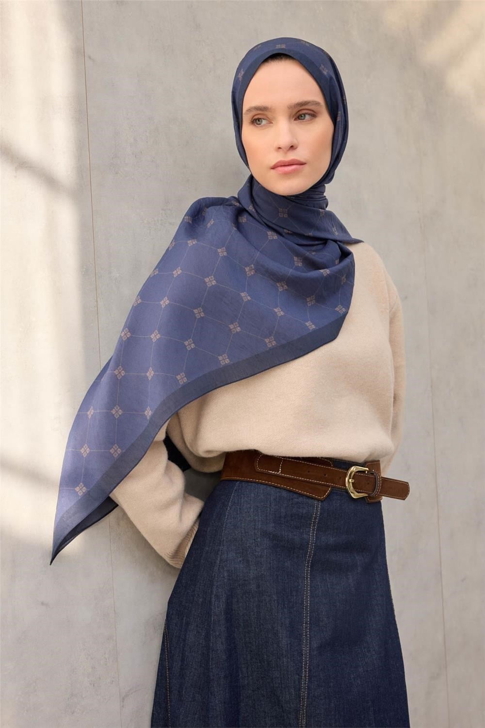 Olinda Şal Monogram Desen Mavi 75*195