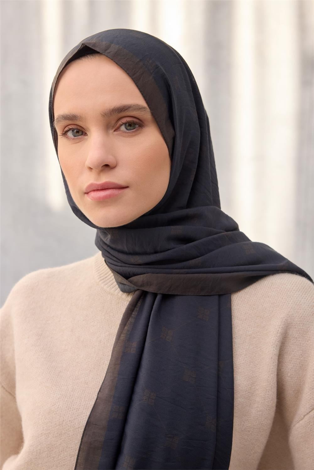 Olinda Şal Monogram Desen Siyah Lacivert 75x195