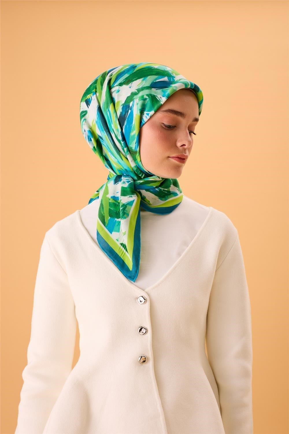 Organik Pamuk İpek Eşarp Fıstık Yeşili-Turkuaz-Mavi-Lacivert-Mint Desenli Kaymaz Tok Duruşlu 90x90