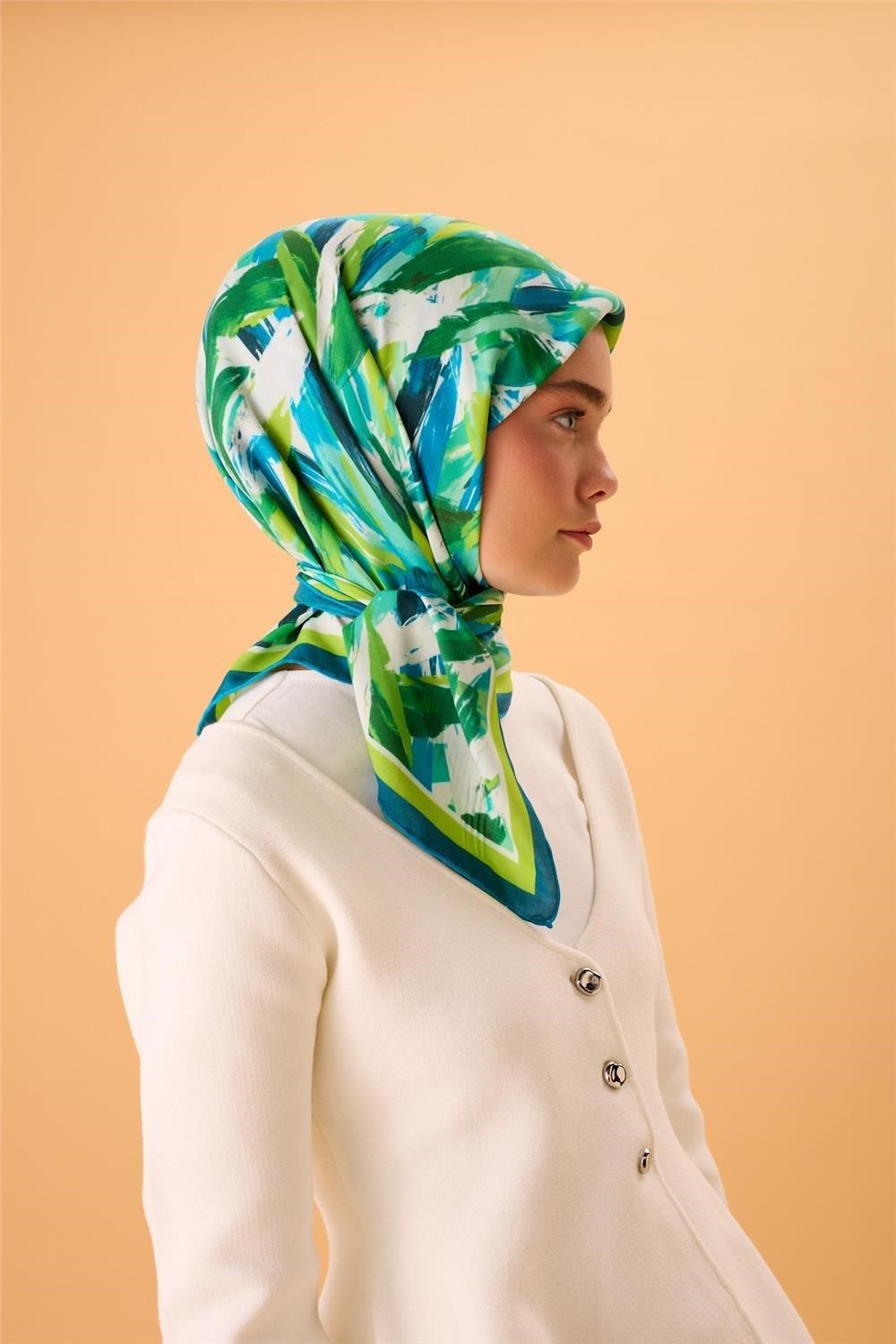 Organik Pamuk İpek Eşarp Fıstık Yeşili-Turkuaz-Mavi-Lacivert-Mint Desenli Kaymaz Tok Duruşlu 90x90
