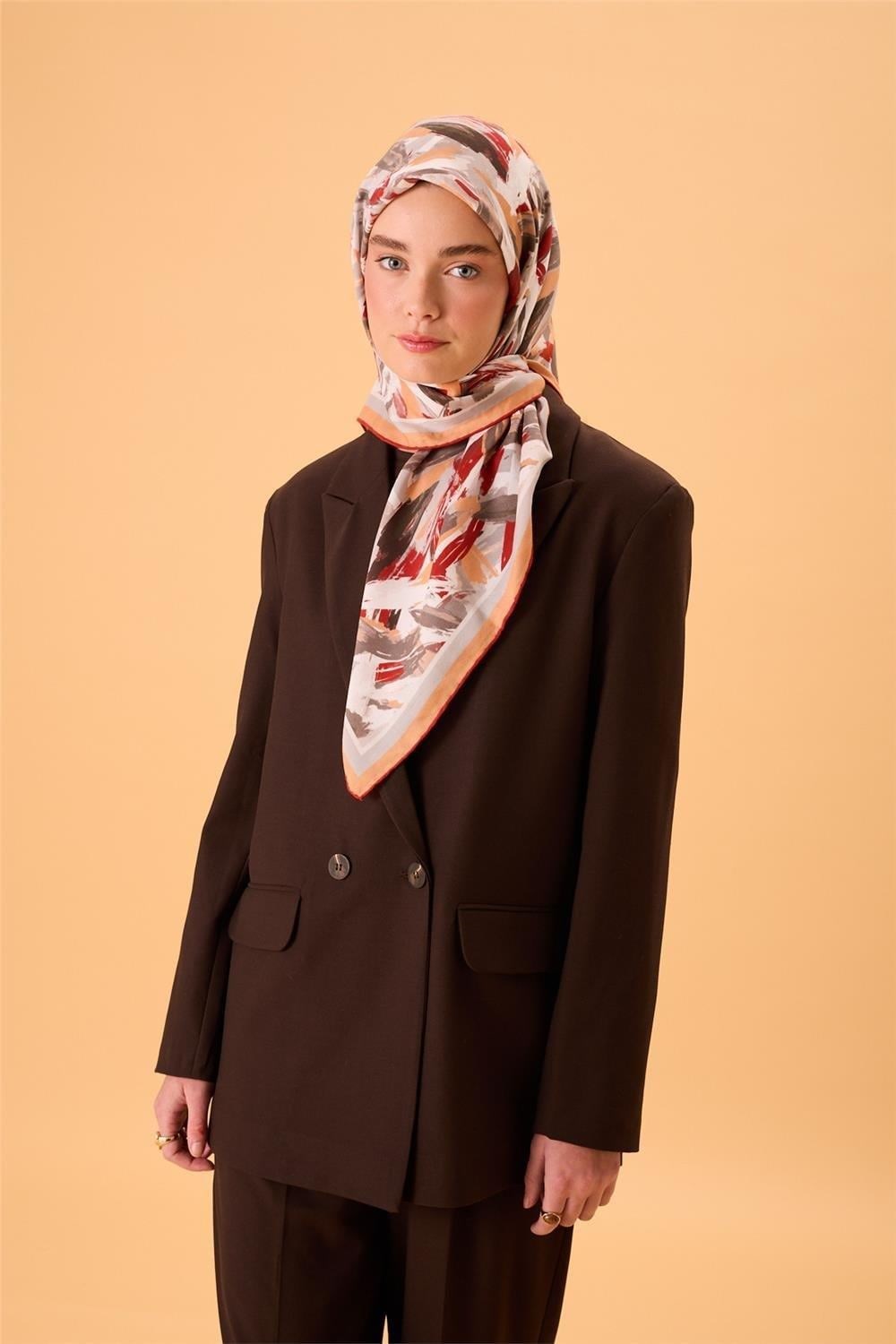 Organik Pamuk İpek Eşarp Kavuniçi-Bordo-Gri-Füme Desenli Kaymaz Tok Duruşlu 90x90