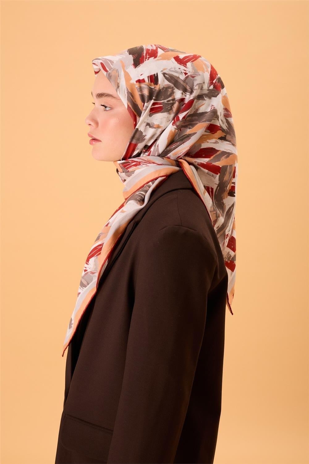 Organik Pamuk İpek Eşarp Kavuniçi-Bordo-Gri-Füme Desenli Kaymaz Tok Duruşlu 90x90