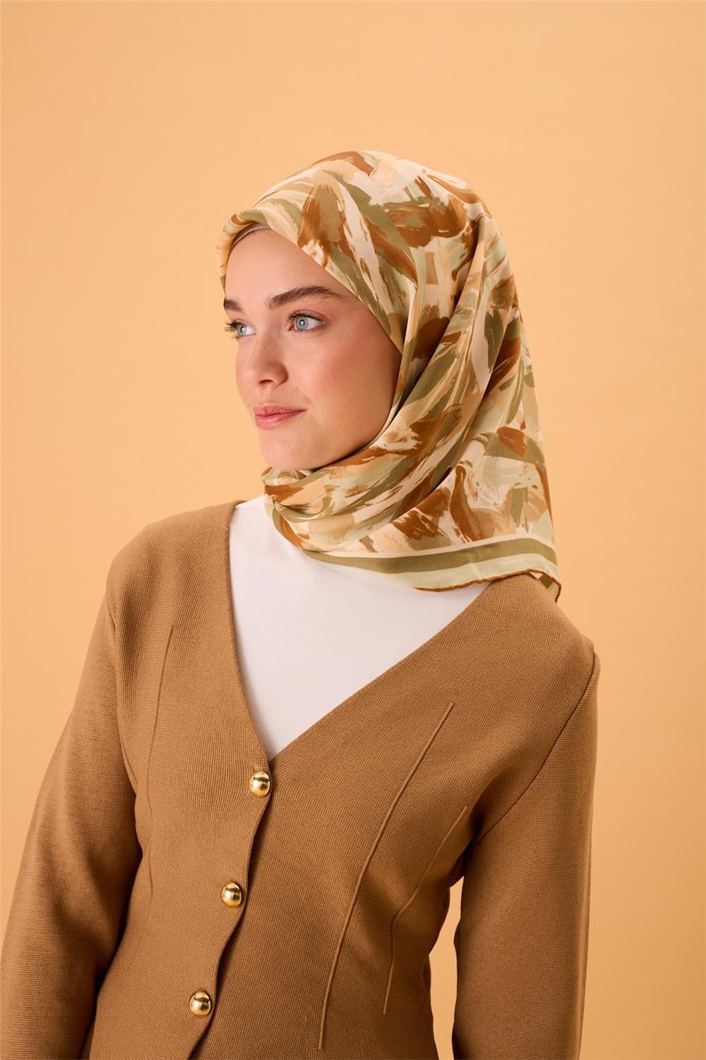 Organik Pamuk İpek Eşarp Mint Yeşili-Taba-Haki-Somon Desenli Kaymaz Tok Duruşlu 90x90