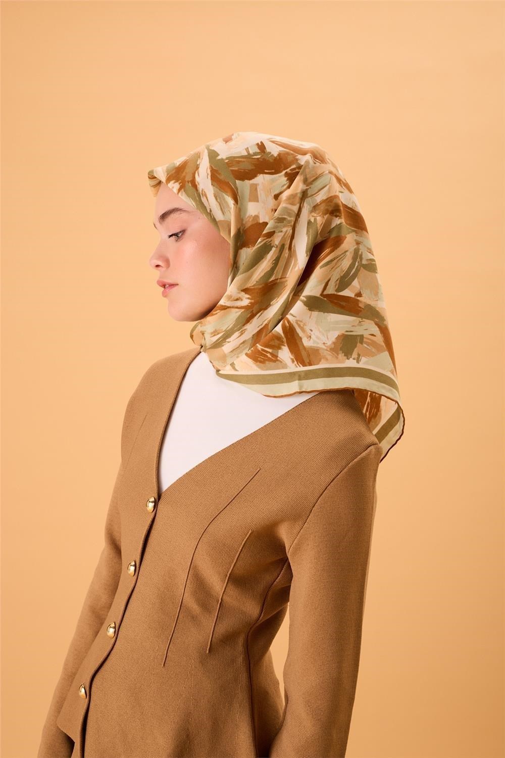 Organik Pamuk İpek Eşarp Mint Yeşili-Taba-Haki-Somon Desenli Kaymaz Tok Duruşlu 90x90