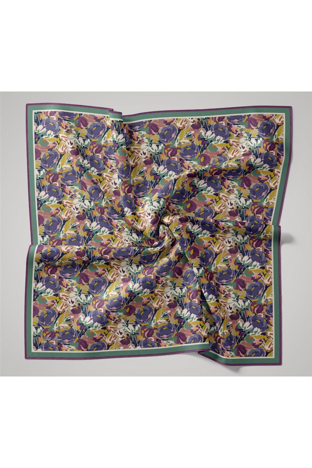Organik Pamuk İpek Eşarp Mor Pembe Sarı Çiçek Desenli Tok Duruşlu 90x90