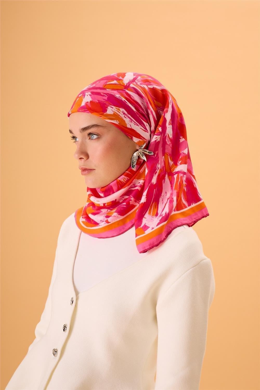 Organik Pamuk İpek Eşarp Pembe-Fuşya-Turuncu Desenli Kaymaz Tok Duruşlu 90x90