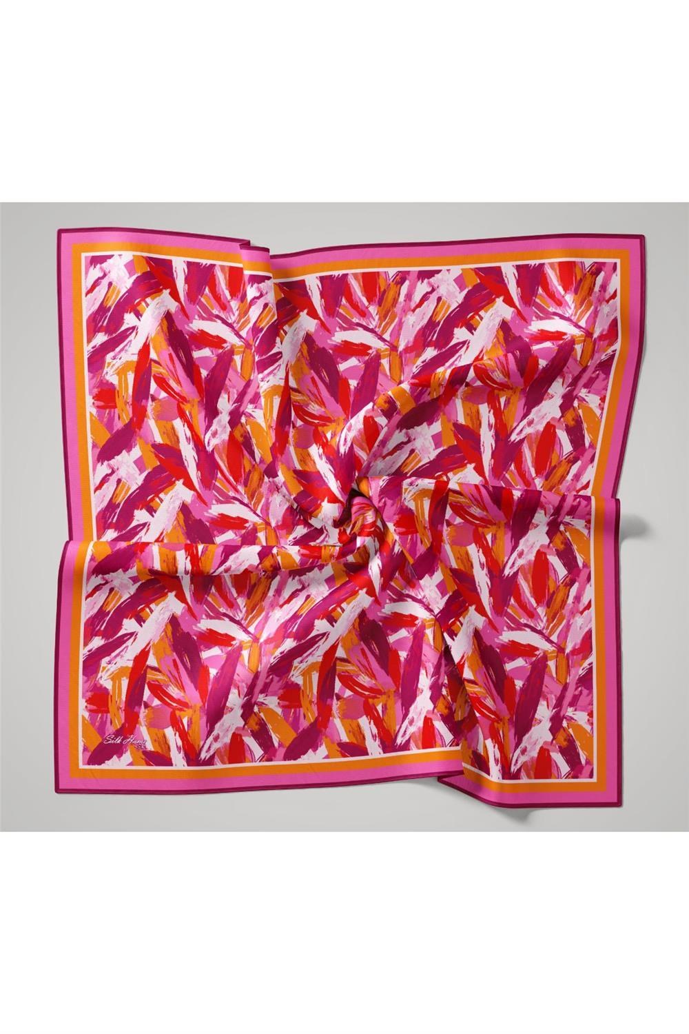 Organik Pamuk İpek Eşarp Pembe-Fuşya-Turuncu Desenli Kaymaz Tok Duruşlu 90x90
