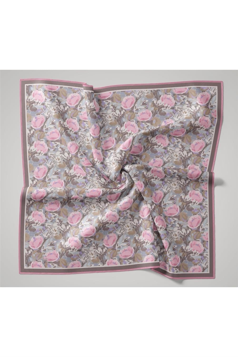 Organik Pamuk İpek Eşarp Pembe Lila Desenli Tok Duruşlu 90x90
