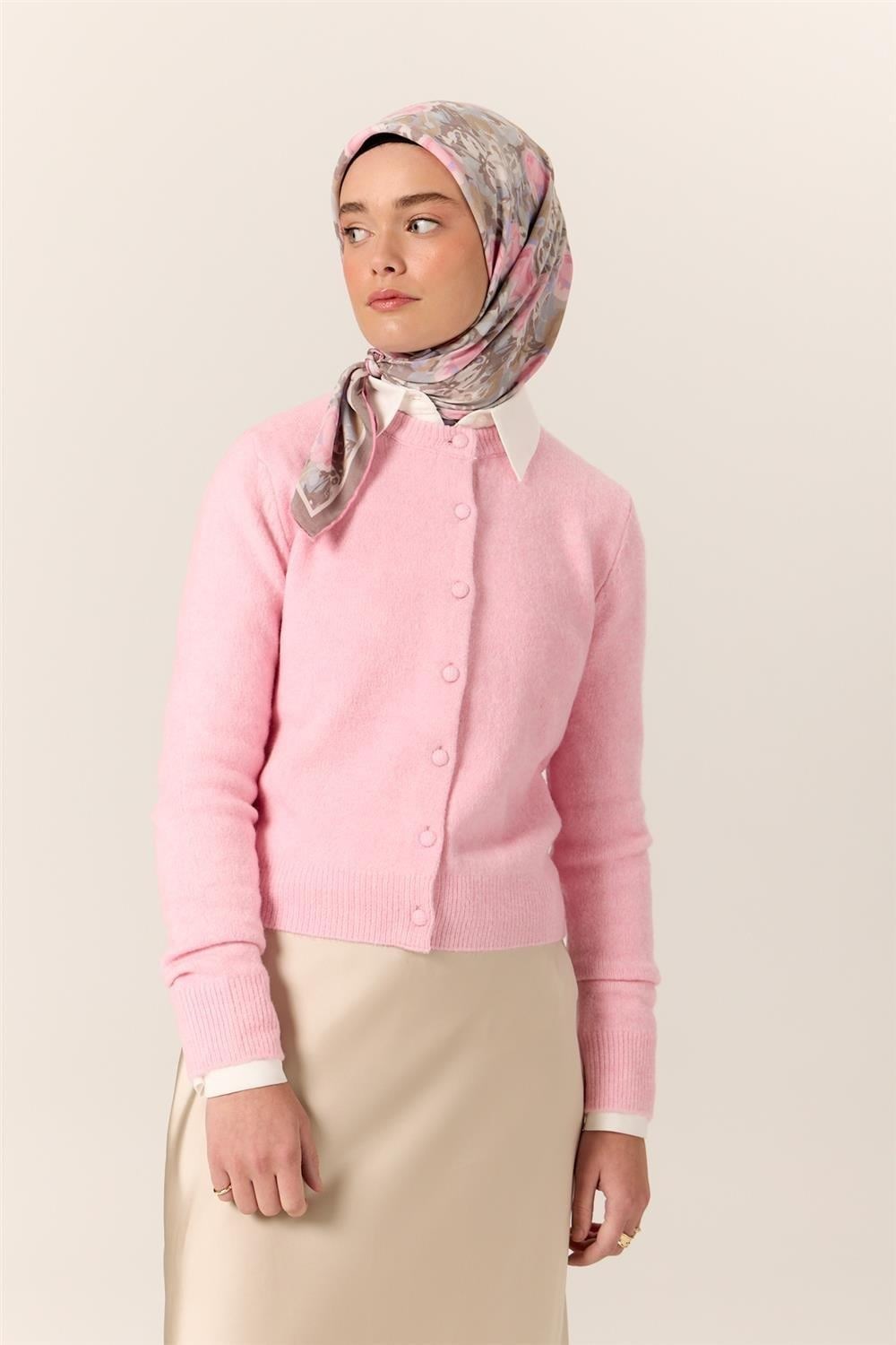 Organik Pamuk İpek Eşarp Pembe Lila Desenli Tok Duruşlu 90x90