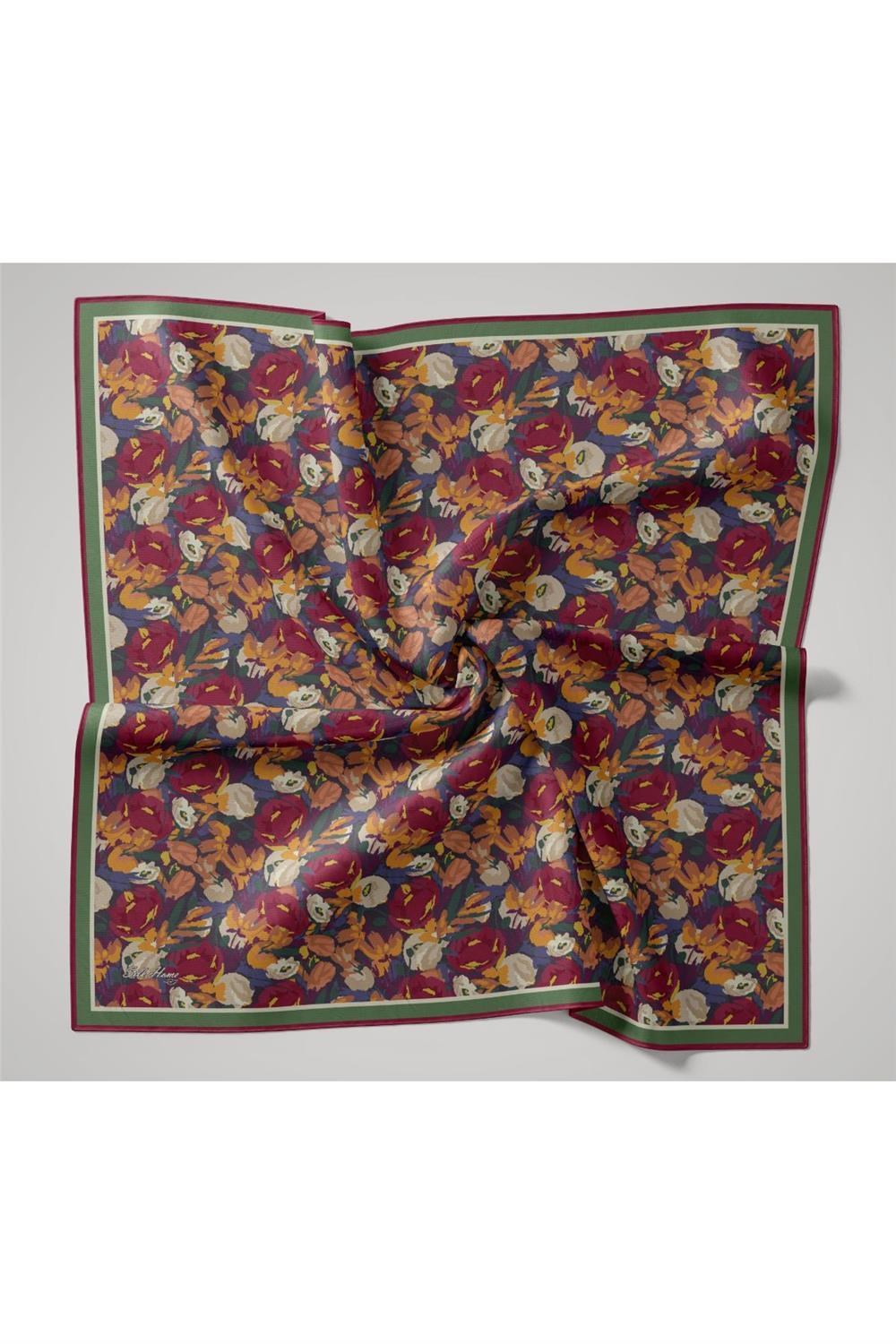 Organik Pamuk İpek Eşarp Sarı Çilek Kırmızısı Çiçek Desenli Tok Duruşlu 90x90