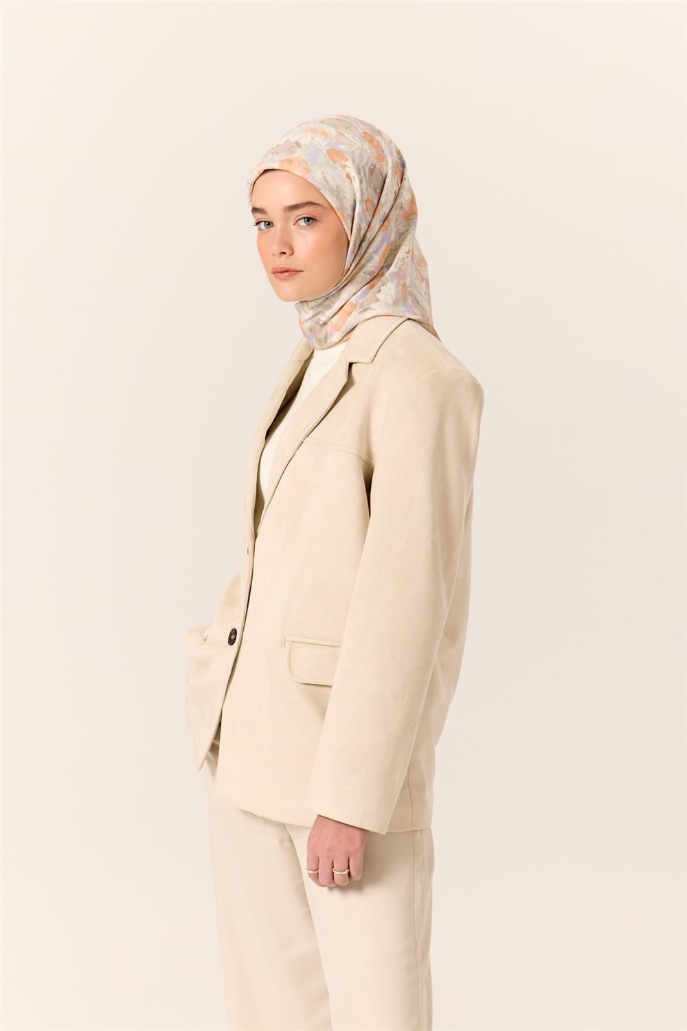 Organik Pamuk İpek Eşarp Yavruağzı-Lila Desenli Tok Duruşlu 90x90