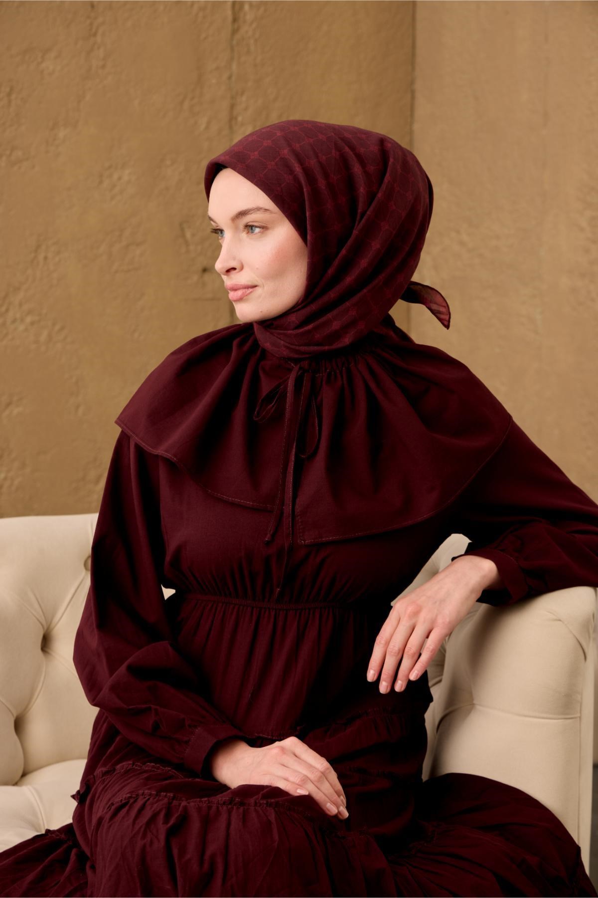 Pamuk-Flos Eşarp Bordo-Kiremit Bordo Desenli Tok Duruşlu 90x90